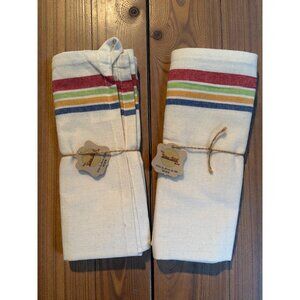 Set Of 2 Yellow Bird 100% Cotton Kitchen Towels With Multicolor Stripes And Twin